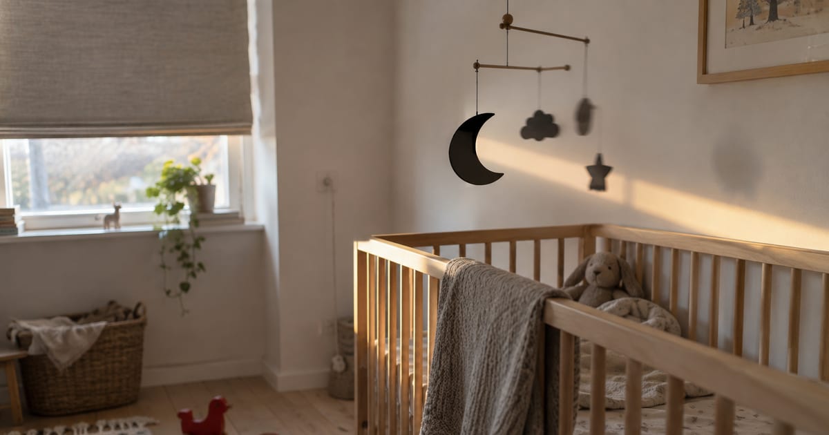 A quiet nursery corner in the morning with a mobile turning above an empty crib and the blind half drawn